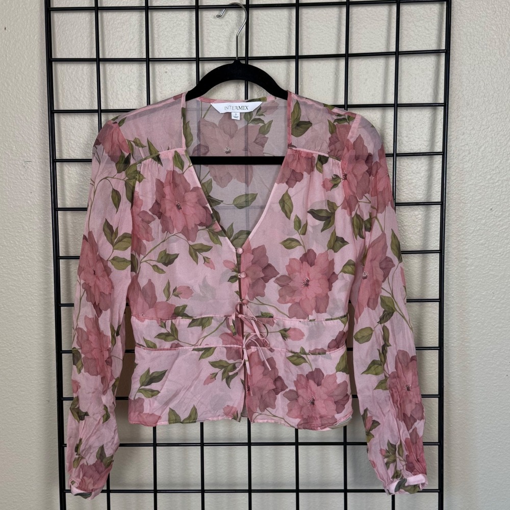 Intermix Silk Floral Blouse Womens 2 Pink Sheer V-Neck Tie Front Long Sleeve Top